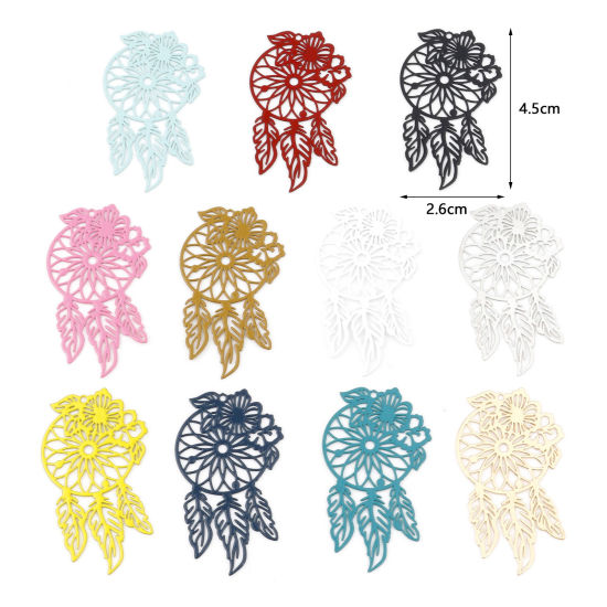 Picture of Iron Based Alloy Filigree Stamping Pendants Multicolor Dream Catcher Flower Painted 4.5cm x 2.6cm, 10 PCs