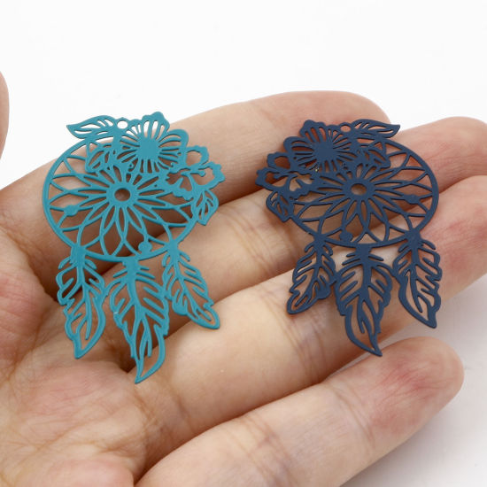 Picture of Iron Based Alloy Filigree Stamping Pendants Multicolor Dream Catcher Flower Painted 4.5cm x 2.6cm, 10 PCs