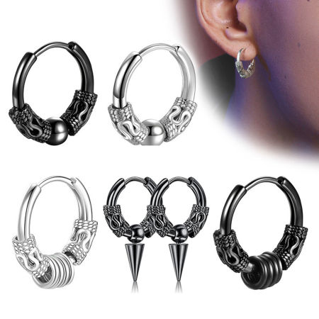 Imagen de Acero Inoxidable Punk Pendientes Círculos Multicolor Geométrico Dragón 14mm x 2.5mm, Post/ Wire Size: (18 gauge), 1 Par