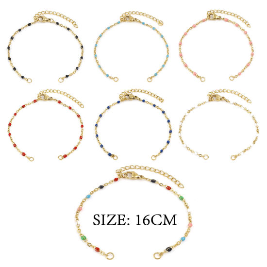 Picture of 304 Stainless Steel Link Cable Chain Semi-finished Bracelets For DIY Handmade Jewelry Making Gold Plated Multicolor Enamel 16cm(6 2/8") long