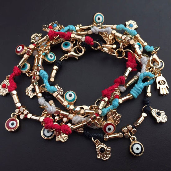 Image de Bracelets Tressés Ethnique Doré Multicolore Mauvais Œil Khamsa Symbole Paume 18cm Long, 1 Pièce