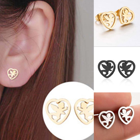 Picture of Stainless Steel Stylish Ear Post Stud Earrings Multicolor Heart Angel Hollow 10mm x 9mm