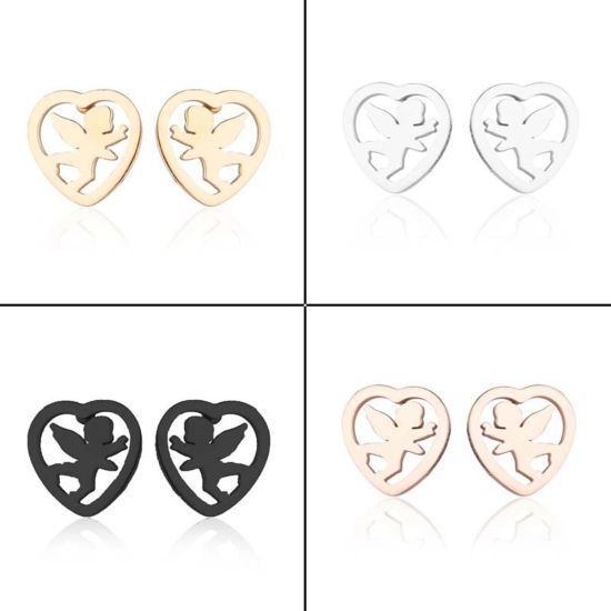 Picture of Stainless Steel Stylish Ear Post Stud Earrings Multicolor Heart Angel Hollow 10mm x 9mm