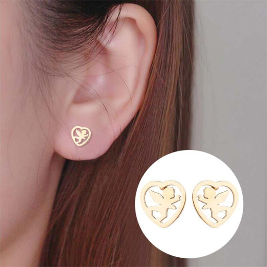 Picture of Stainless Steel Stylish Ear Post Stud Earrings Multicolor Heart Angel Hollow 10mm x 9mm