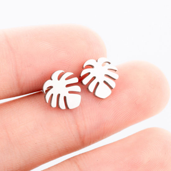 Picture of Stainless Steel Stylish Ear Post Stud Earrings Multicolor Monstera Leaf 10mm x 9mm