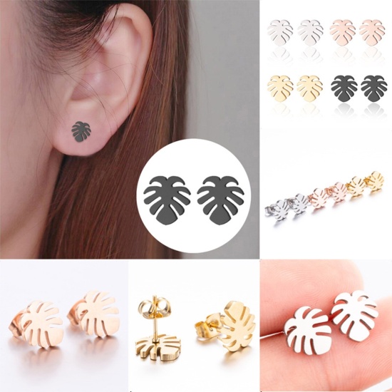 Immagine di Acciaio Inossidabile Elegante Orecchini a Perno Multicolore Foglia di Monstera 10mm x 9mm, Posta / Filo Dimensione: (18 misura), 4 Paia