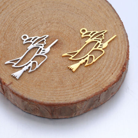 304 Stainless Steel Charms Multicolor Besom Halloween Witch Hollow 18.5mm x 15mm