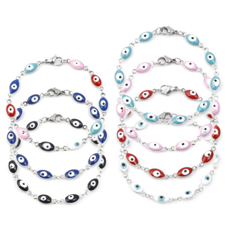 Imagen de 304 Acero Inoxidable Religión Pulseras Tono de Plata Multicolor Mal de ojo Esmalte 18.5cm longitud, 1 Unidad