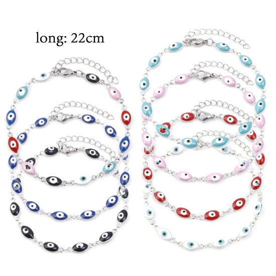 Изображение 304 Нержавеющая Сталь религия Ножные Браслеты Серебряный Тон Разноцветный С Эмалью Злой Глаз 22см длина, 1 ШТ