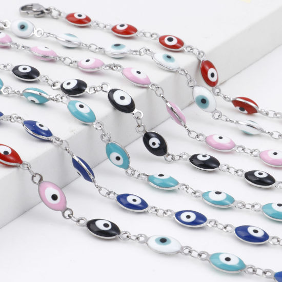 Изображение 304 Нержавеющая Сталь религия Ножные Браслеты Серебряный Тон Разноцветный С Эмалью Злой Глаз 22см длина, 1 ШТ