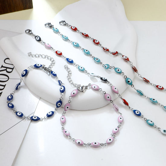 Изображение 304 Нержавеющая Сталь религия Ножные Браслеты Серебряный Тон Разноцветный С Эмалью Злой Глаз 22см длина, 1 ШТ