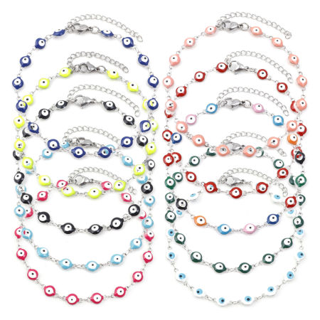 304 Stainless Steel Religious Anklet Silver Tone Multicolor Enamel Evil Eye 22.5cm(8 7/8") long