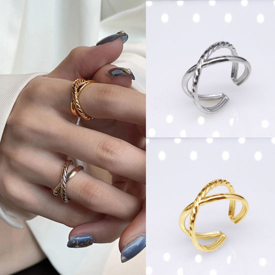 Imagen de Acero Inoxidable Punk Abierto Ajustable Anillos Multicolor Trenzado Hueco 2 Unidades