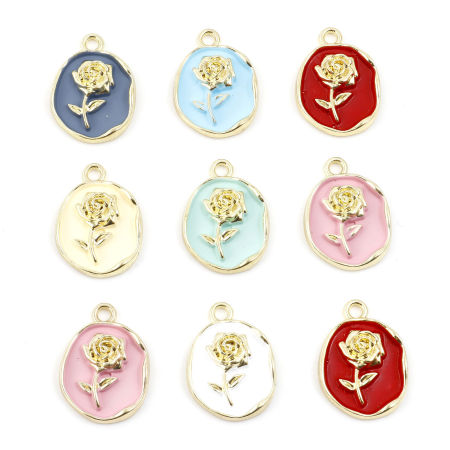 Picture of Zinc Based Alloy Valentine's Day Charms Gold Plated Multicolor Oval Rose Flower Painted 23mm x 17mm