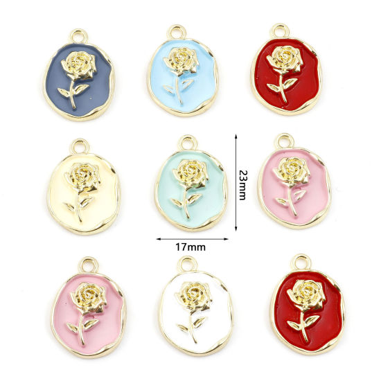 Imagen de Zamak día de San Valentín Colgantes Charms Óvalo Chapado en Oro Multicolor Rosa Pintura 23mm x 17mm, 5 Unidades