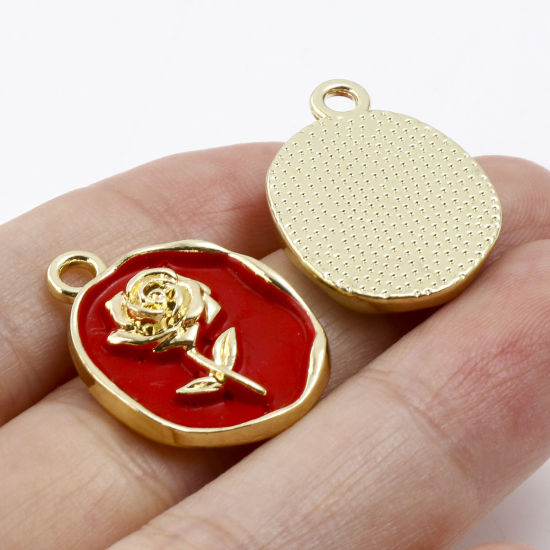 Imagen de Zamak día de San Valentín Colgantes Charms Óvalo Chapado en Oro Multicolor Rosa Pintura 23mm x 17mm, 5 Unidades