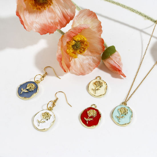 Imagen de Zamak día de San Valentín Colgantes Charms Óvalo Chapado en Oro Multicolor Rosa Pintura 23mm x 17mm, 5 Unidades