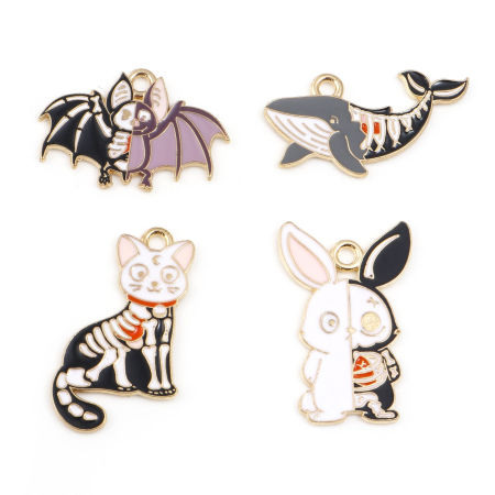 Bild von Zinklegierung Halloween Charms Tier Vergoldet Bunt Skelett Schädel Emaille 5 Stück