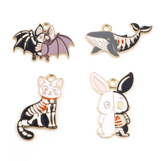 Bild von Zinklegierung Halloween Charms Tier Vergoldet Bunt Skelett Schädel Emaille 5 Stück