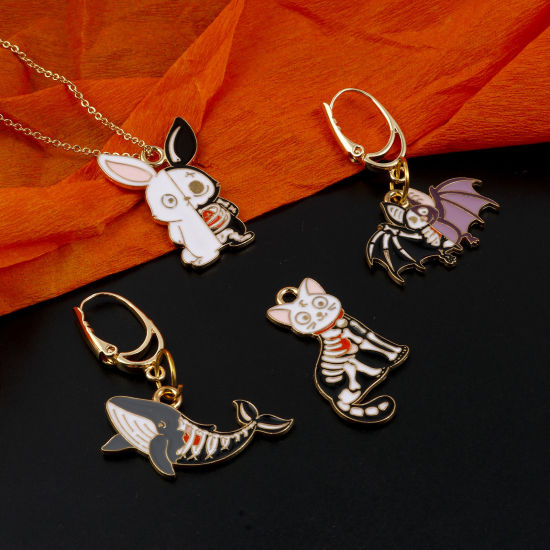 Bild von Zinklegierung Halloween Charms Tier Vergoldet Bunt Skelett Schädel Emaille 5 Stück