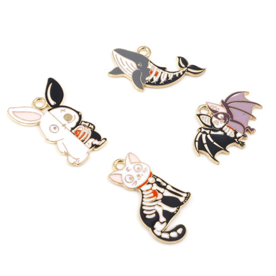 Bild von Zinklegierung Halloween Charms Tier Vergoldet Bunt Skelett Schädel Emaille 5 Stück