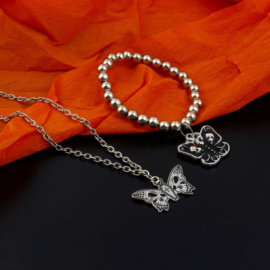 Immagine di Lega di Zinco Halloween Charms Farfalla Tono Argento Nero Scheletro Smalto 5 Pz