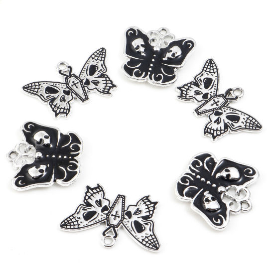 Immagine di Lega di Zinco Halloween Charms Farfalla Tono Argento Nero Scheletro Smalto 5 Pz