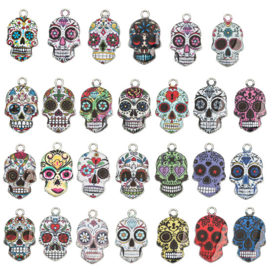 Picture of Zinc Based Alloy Halloween Charms Silver Tone Multicolor Sugar Skull Enamel 23mm x 15mm