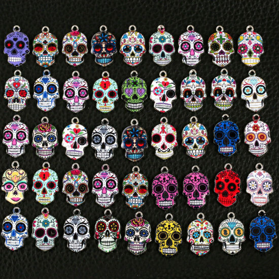 Image de Breloques Halloween en Alliage de Zinc Crâne Mexicain Argent Mat Multicolore Émail 23mm x 15mm, 10 Pcs
