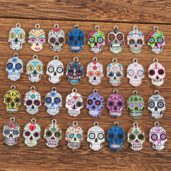 Image de Breloques Halloween en Alliage de Zinc Crâne Mexicain Argent Mat Multicolore Émail 23mm x 15mm, 10 Pcs