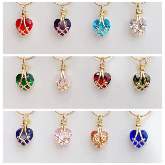 Picture of Birthstone Necklace Gold Plated Multicolor Heart Imitation Crystal 40cm(15 6/8") long