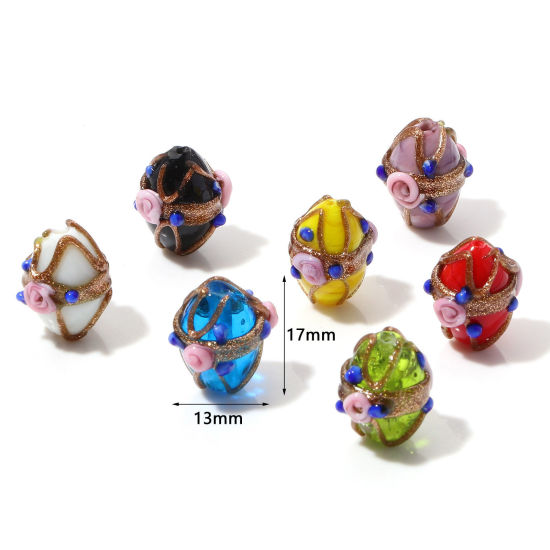 Picture of Lampwork Glass Beads Oval Multicolor Flower About 17mm x 13mm