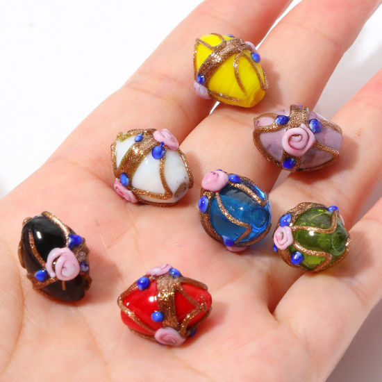 Picture of Lampwork Glass Beads Oval Multicolor Flower About 17mm x 13mm