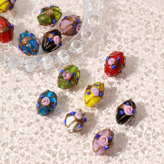 Picture of Lampwork Glass Beads Oval Multicolor Flower About 17mm x 13mm