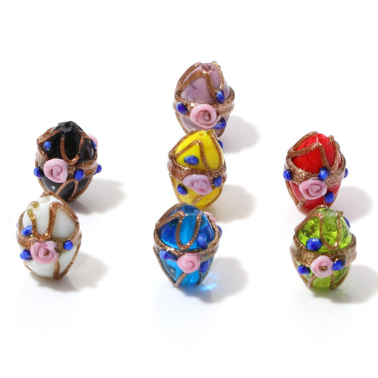 Picture of Lampwork Glass Beads Oval Multicolor Flower About 17mm x 13mm