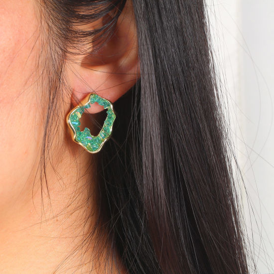 Image de Boucles d'Oreilles Puces Druzy Doré Irrégulier Anneau à Strass Coloré 26mm x 22mm, Epaisseur de Fil: (21 gauge), 2 Pcs
