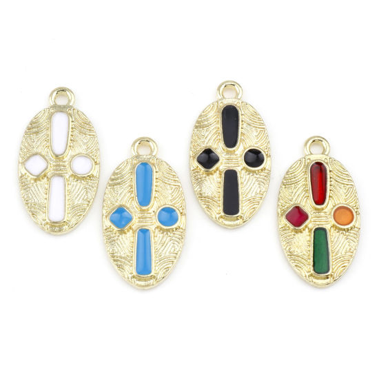 Immagine di Lega di Zinco Religione Charms Ovale Oro Placcato Multicolore Croce Smalto 23mm x 12mm , 10 Pz