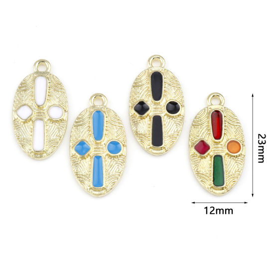 Immagine di Lega di Zinco Religione Charms Ovale Oro Placcato Multicolore Croce Smalto 23mm x 12mm , 10 Pz