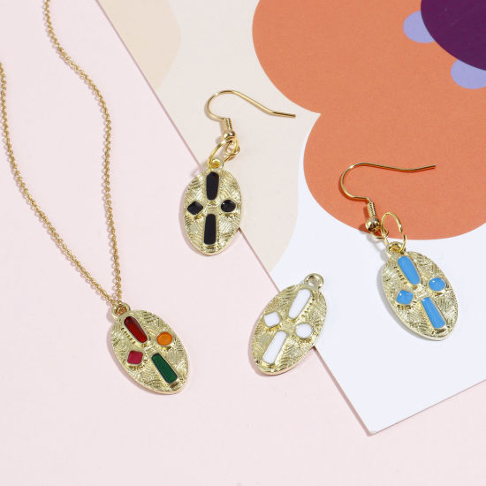 Immagine di Lega di Zinco Religione Charms Ovale Oro Placcato Multicolore Croce Smalto 23mm x 12mm , 10 Pz