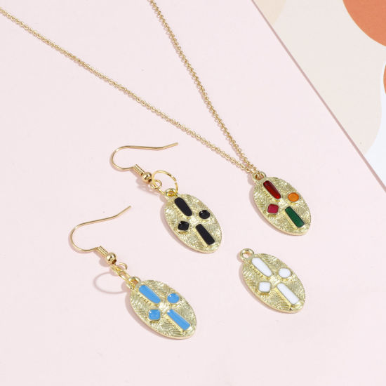 Immagine di Lega di Zinco Religione Charms Ovale Oro Placcato Multicolore Croce Smalto 23mm x 12mm , 10 Pz