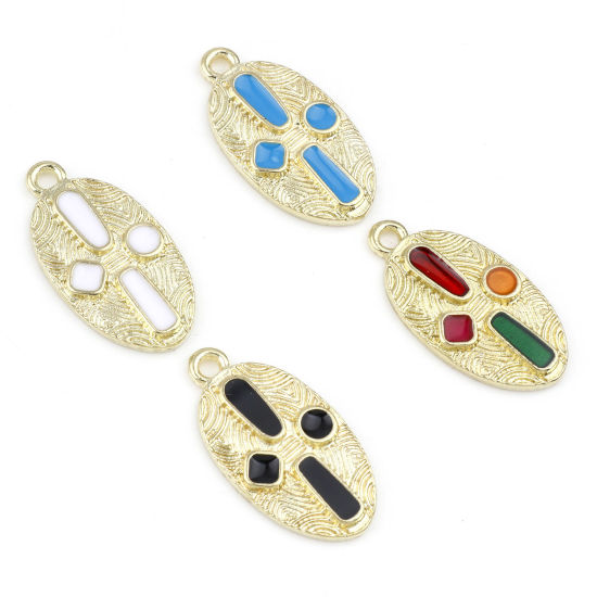 Immagine di Lega di Zinco Religione Charms Ovale Oro Placcato Multicolore Croce Smalto 23mm x 12mm , 10 Pz