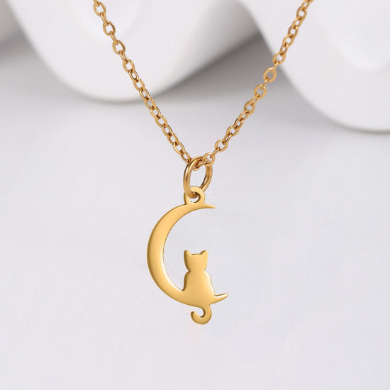 Picture of Stainless Steel Link Cable Chain Necklace Multicolor Half Moon Cat 40cm(15 6/8") long