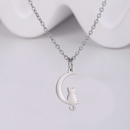 Picture of Stainless Steel Link Cable Chain Necklace Multicolor Half Moon Cat 40cm(15 6/8") long
