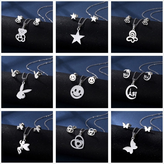 Picture of Stainless Steel Ins Style Jewelry Necklace Earrings Set Silver Tone Hollow 1 Set