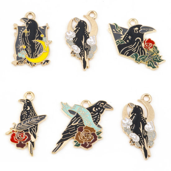 Picture of Zinc Based Alloy Halloween Charms Gold Plated Multicolor Crow Bird Enamel