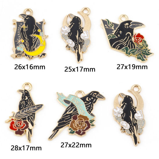 Picture of Zinc Based Alloy Halloween Charms Gold Plated Multicolor Crow Bird Enamel