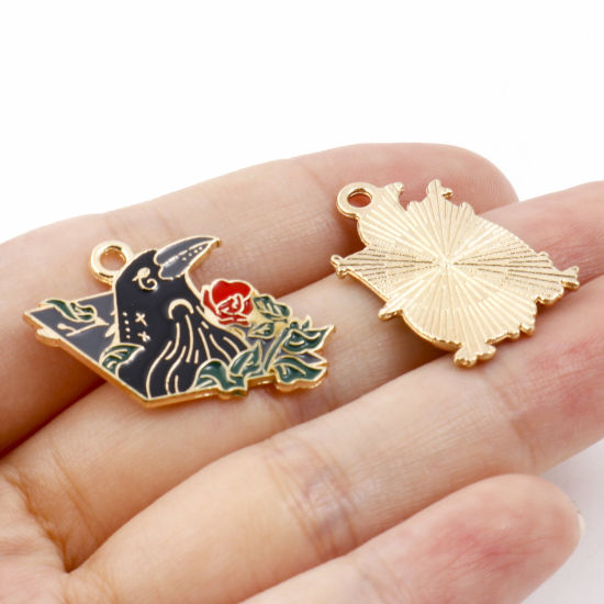 Picture of Zinc Based Alloy Halloween Charms Gold Plated Multicolor Crow Bird Enamel