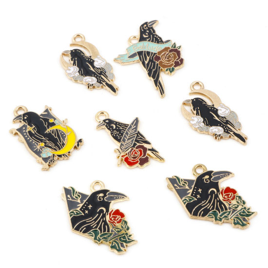 Picture of Zinc Based Alloy Halloween Charms Gold Plated Multicolor Crow Bird Enamel