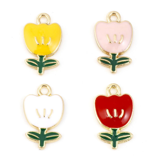 Imagen de Zamak Colgantes Charms Flor de Tulipán Chapado en Oro Multicolor Esmalte 19mm x 12mm, 10 Unidades