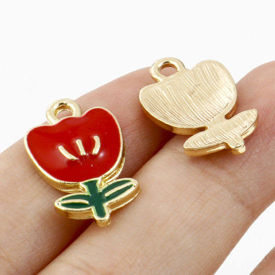 Imagen de Zamak Colgantes Charms Flor de Tulipán Chapado en Oro Multicolor Esmalte 19mm x 12mm, 10 Unidades